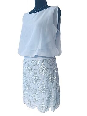 BESTY ADAM ~ Light Blue Dress w/Sequin Scallop Hemline and Chiffon Flowy Top